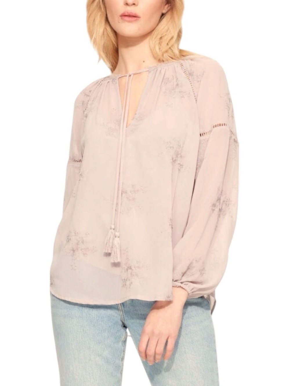 Black Tape Taupe Gathered V-Neck Tie Lace Crochet Inset Boho Blouse Top (XS)